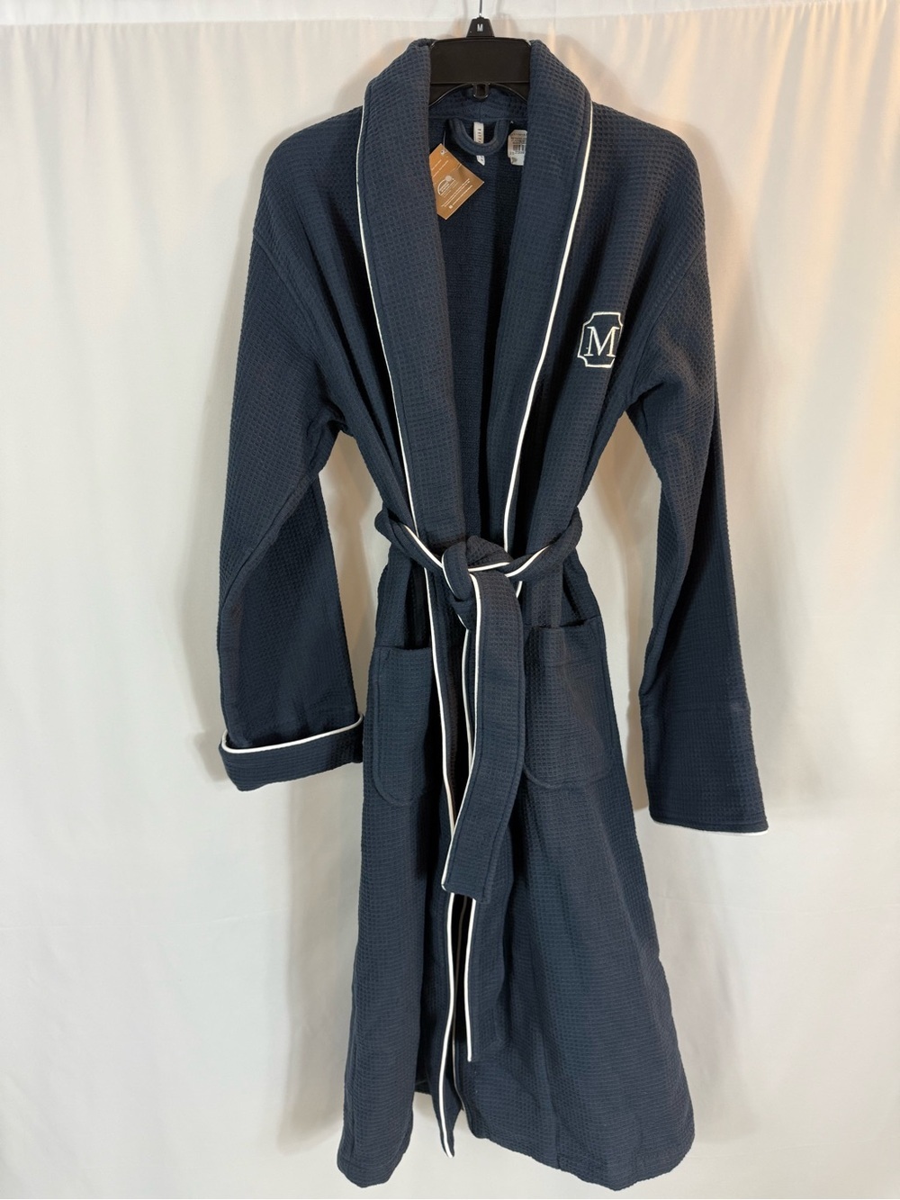 NWT Potterybarn monogrammed Navy Waffle Robe with White Piping size: S